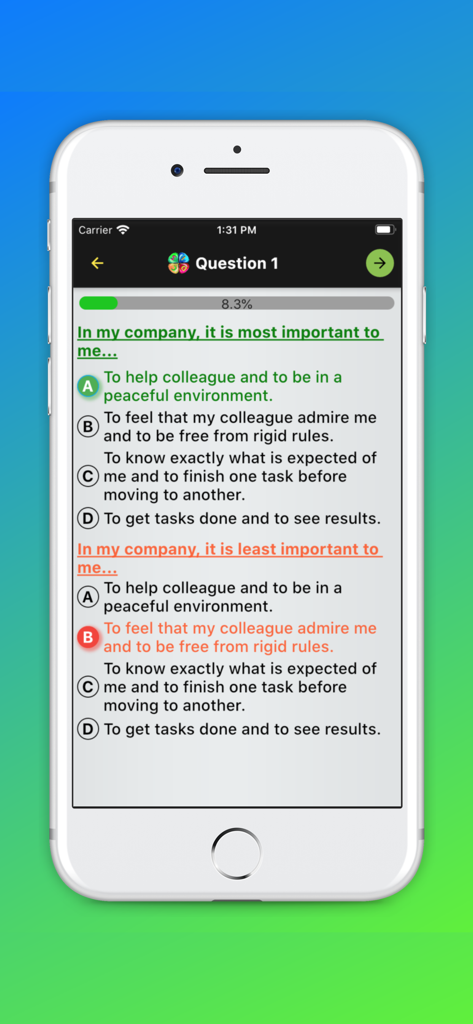 DISC性格アセスメントテストからの質問を表示するモバイル画面。