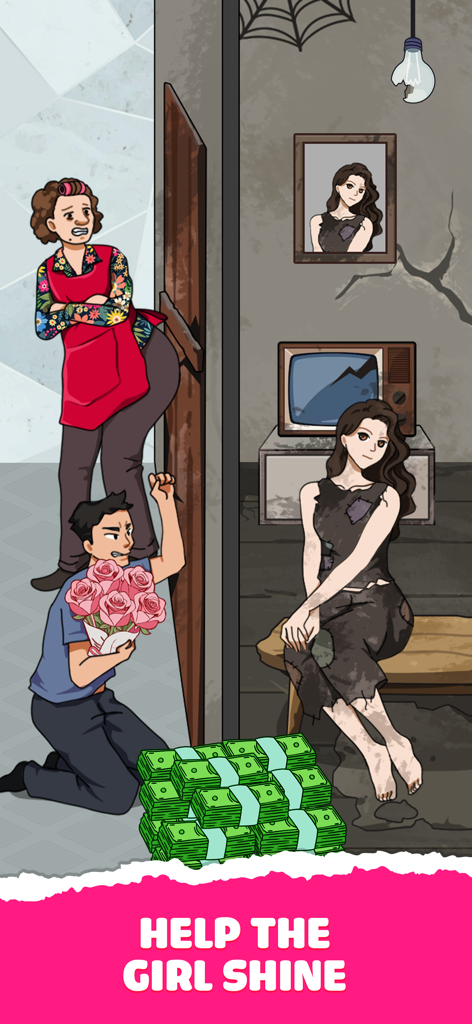 Tricky Prank: Annoying Quest - A brain teaser level from Tricky Prank showing a man with roses and a stack of cash next to a girl in a run down room with the prompt help the girl shine