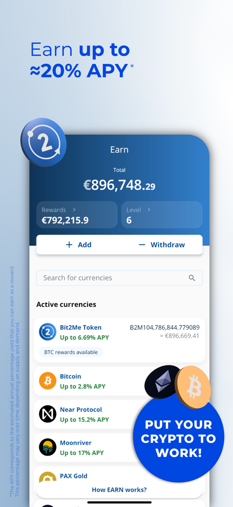 Schermata Earn dell'app mobile Bit2Me che mostra lo staking di criptovalute con ricompense APY elevate