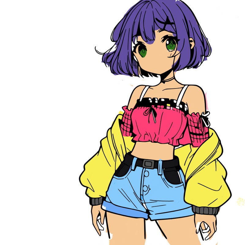 anime girl with mini shorts and a crop top and short hair