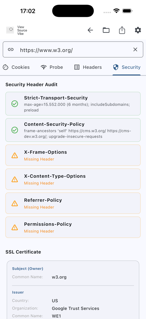 View Source Vibe - Auditoría de cabeceras de seguridad y pantalla de información del certificado SSL en la aplicación View Source Vibe