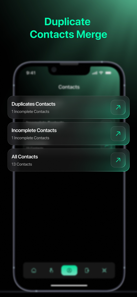 AIClean: Photo Storage Cleaner - AIClean app screen showing duplicate and incomplete contact management features