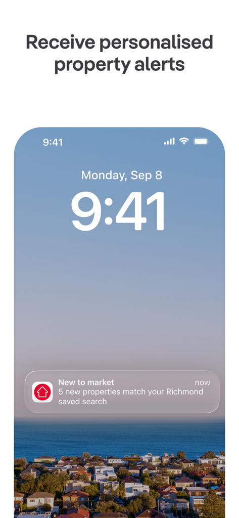 realestate.com.au - Property - Uma tela de smartphone mostrando uma notificação de alerta de propriedade personalizada para novos anúncios imobiliários no aplicativo realestate.com.au.