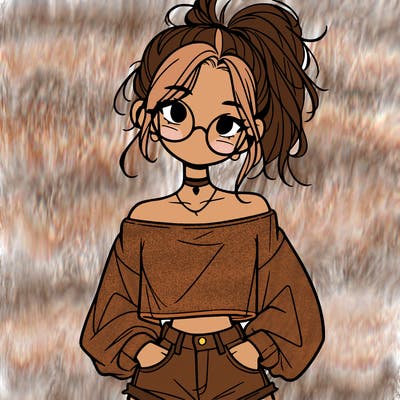 girl with a messy ponytail glasses a baggy crop top and jean shorts