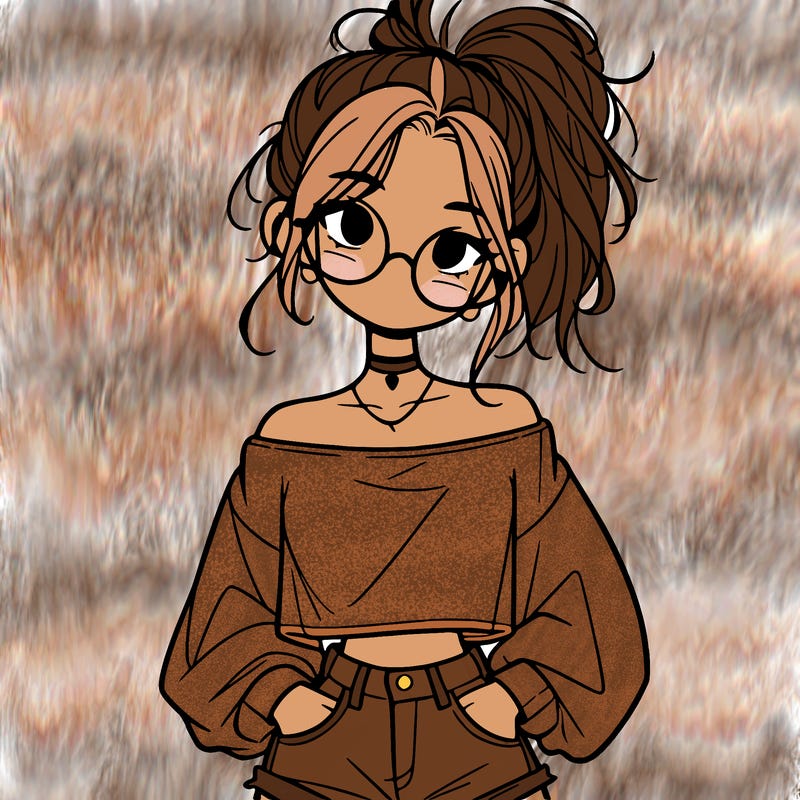 girl with a messy ponytail glasses a baggy crop top and jean shorts