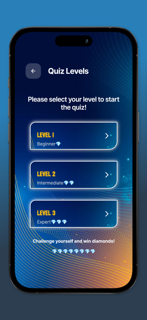 Diamonds For Mobile Legends - Pantalla de selección de nivel de quiz que muestra niveles principiante intermedio y experto para fans de Mobile Legends.