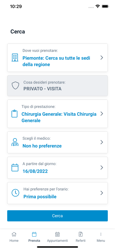 Interface de recherche et de réservation de l'application médicale MY GVM montrant les options de sélection de lieu, de type de service et de médecin.