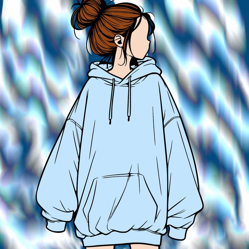 realistic girl with a oversized sweatshirt on and a bun