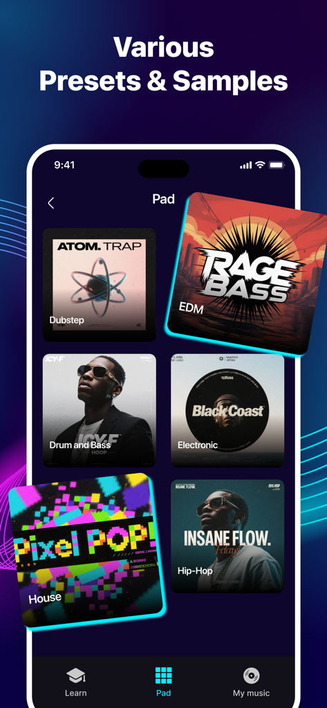 Music Pads: Beat Maker Machine - A selection of music genre presets including EDM, Trap, and Hip-Hop in the Music Pads app