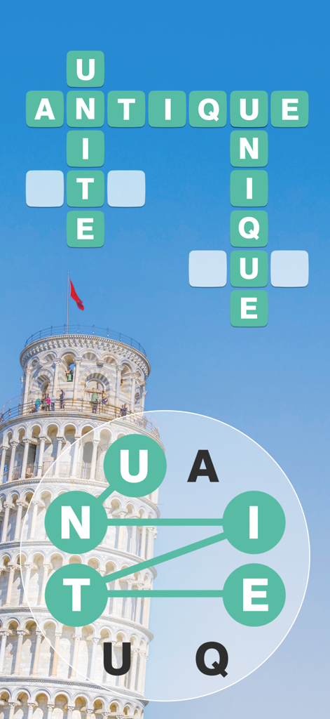 World of Wonders - Word Search - Una pantalla de juego de conexión de palabras que muestra una cuadrícula de crucigrama sobre una foto de la Torre Inclinada de Pisa