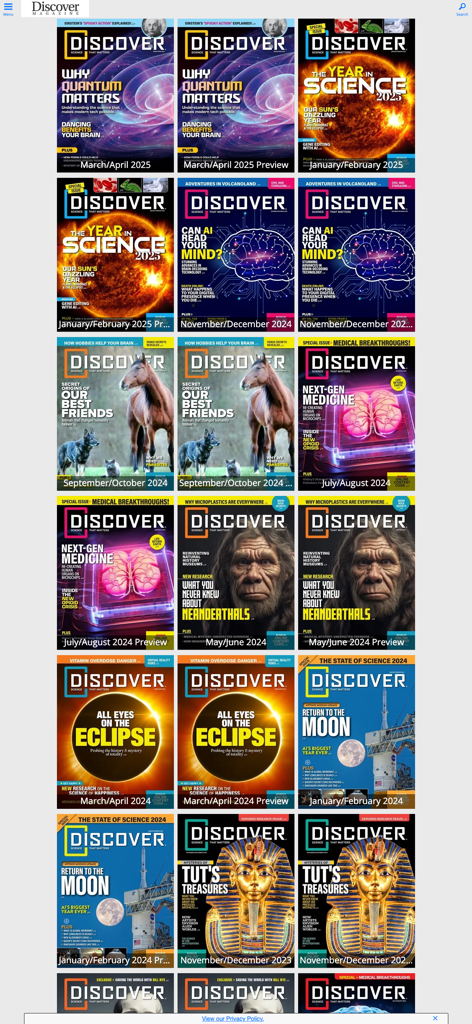 Digital archive of Discover Magazine issues showing various science and technology covers