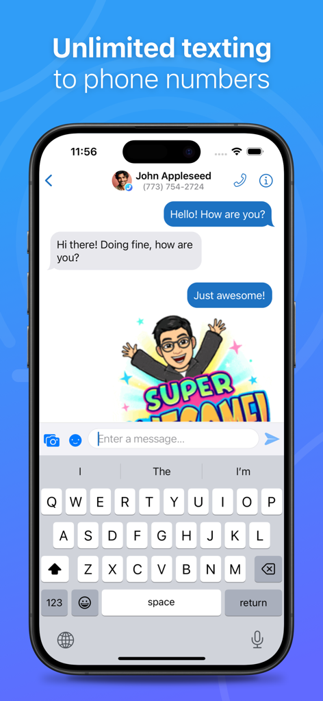 Talkatone app screenshot showing unlimited texting interface with a chat conversation on an iPhone.