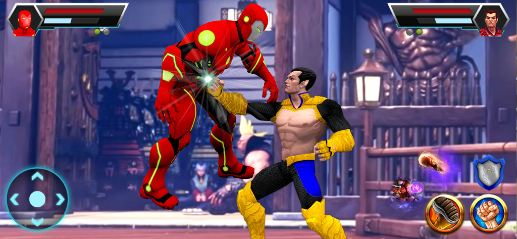 Kung Fu Karate - Fighting Game - Un superhéroe y un personaje robot rojo luchando en una arena de dojo de artes marciales