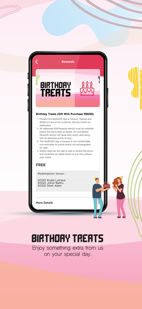 Schermata dell'app mobile MYSOGO che mostra i regali di compleanno e i premi per i membri