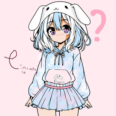 pretty anime girl wearing a fluffy hoodie with bunny ears on the hood and a skirt