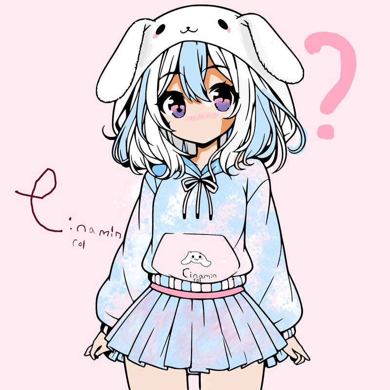 pretty anime girl wearing a fluffy hoodie with bunny ears on the hood and a skirt
