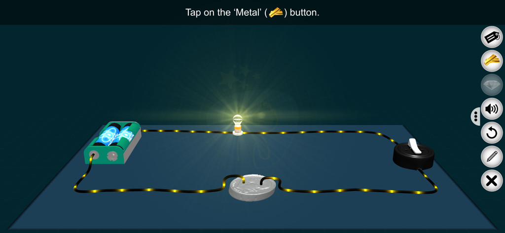 Electricity - Edutech Era - An interactive science app interface showing a virtual electrical circuit with a glowing light bulb, batteries, and a metal coin.