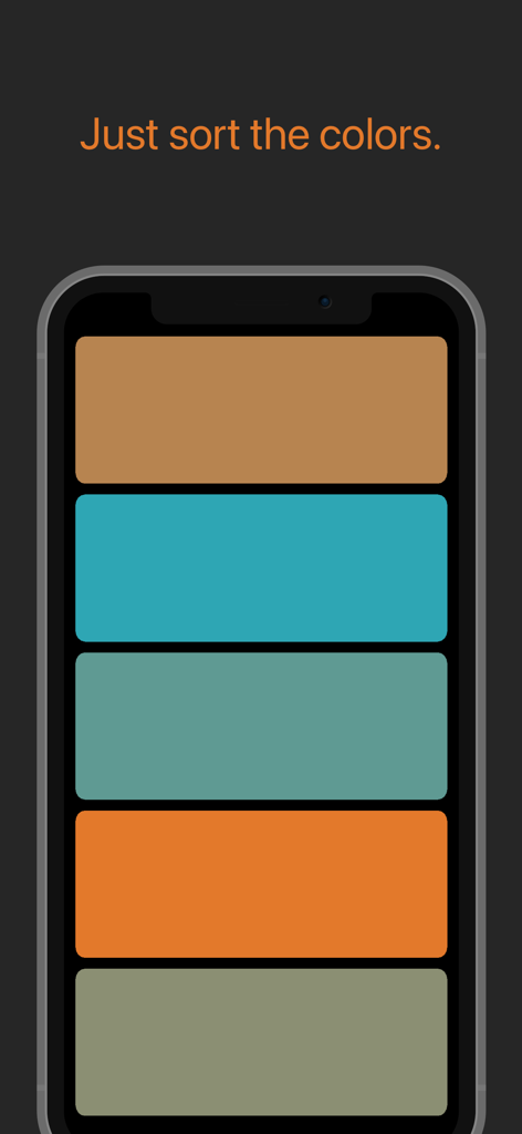Minimalist UI of Color Sort Therapy app featuring five horizontal color blocks and the text Just sort the colors on a dark background