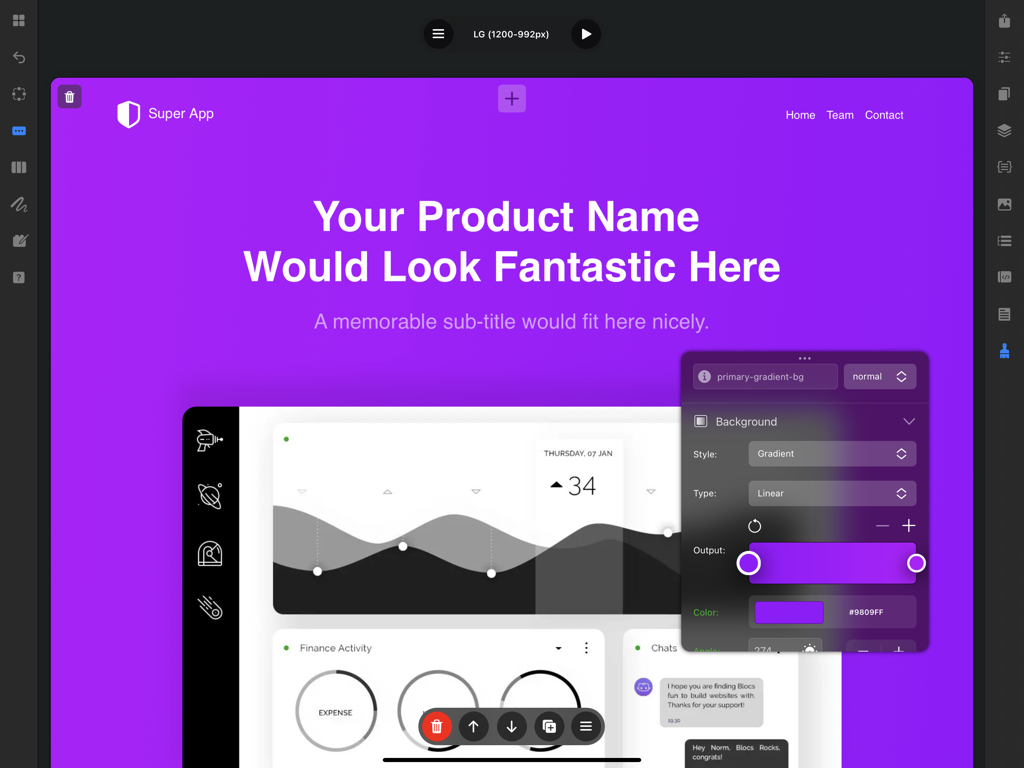 Uso del editor de fondo degradado en el creador de sitios web Blocs en iPad