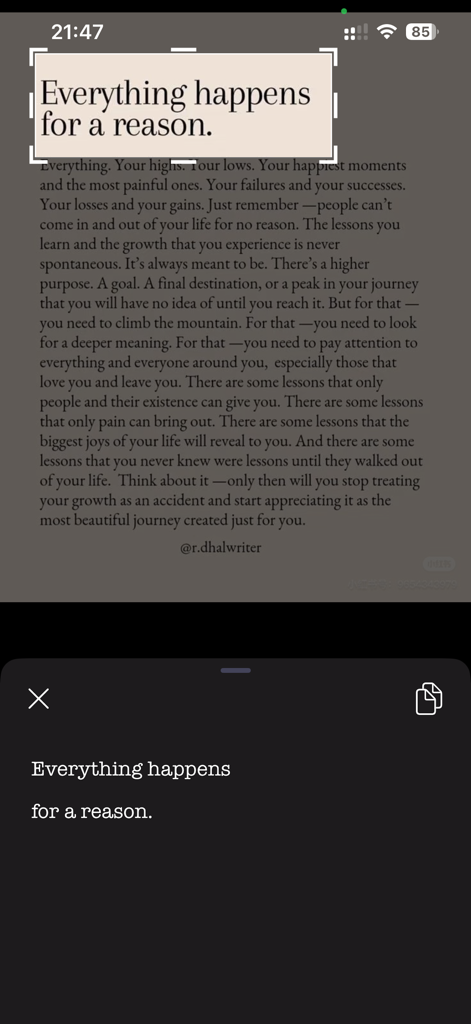 拍照取字 - Scan X app interface showing a quote being selected and converted from an image into editable text