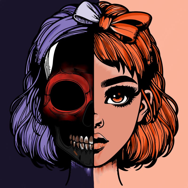 realistic girl with half skull mask