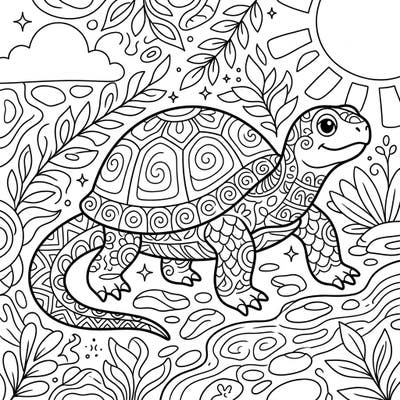 Explore a world of patterns with this charming Zentangle turtle coloring page, specially designed for kids. Young artists will love bringing this friendly reptile to life with their favorite colors.