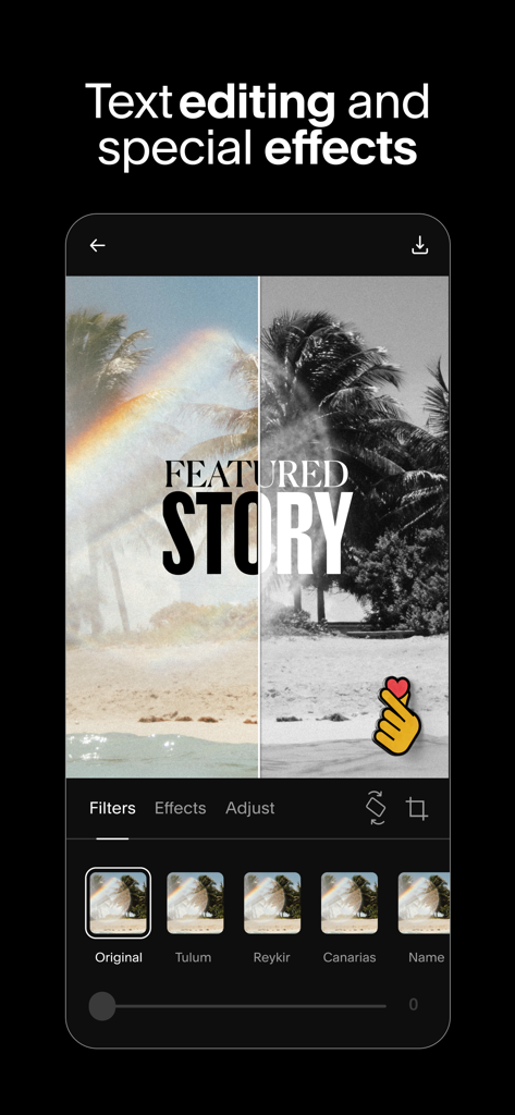 Unfold App-Oberfläche, die Textbearbeitungs- und Filteroptionen für Social-Media-Stories anzeigt