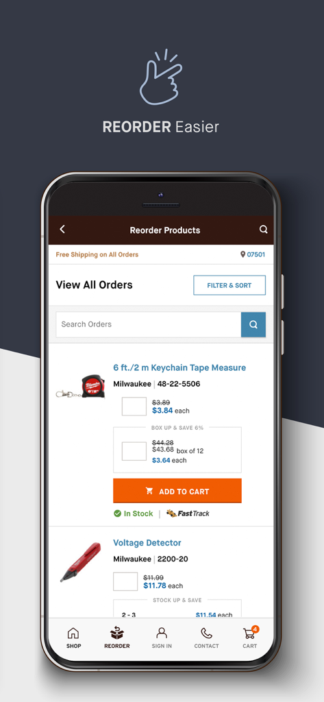 SupplyHouse mobile app reorder screen showing previously purchased HVAC and plumbing tools for quick inventory management