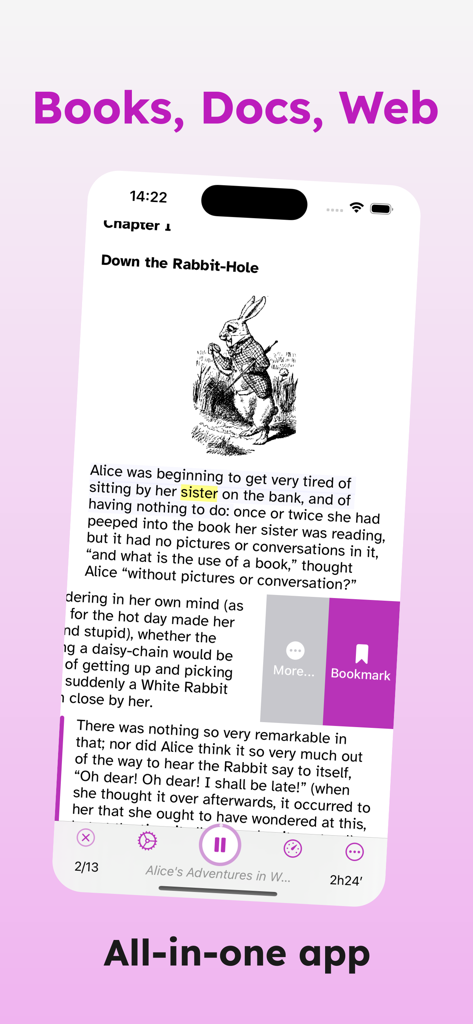 Aplicación Speech Central AI Voice Reader mostrando una interfaz de eBook con resaltado de texto y controles de reproducción