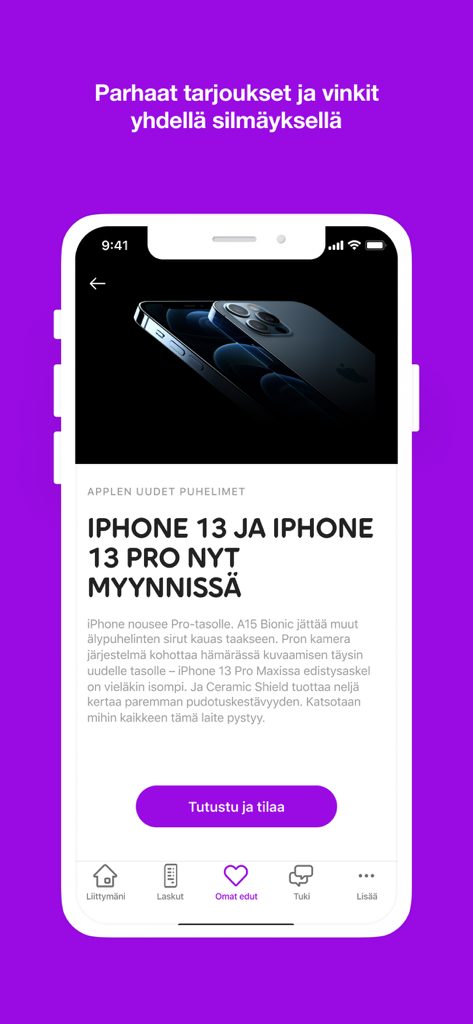 Minun Telia app screen showing iPhone promotional offers and special deals