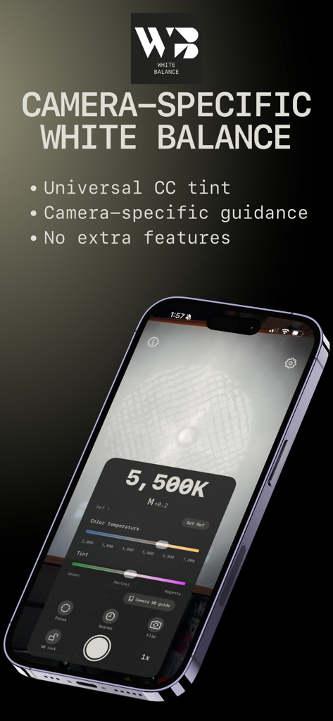 CINE WHITE BALANCE - Interfaz de la aplicación Cine White Balance mostrando mediciones de Kelvin y tinte para cineastas.