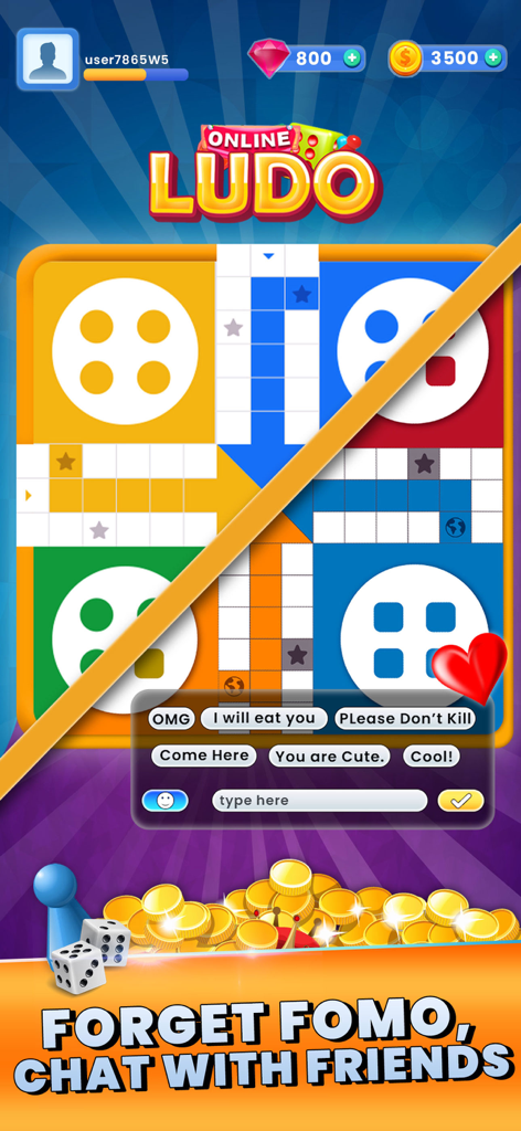 Ludo Online Multiplayer Game - Ludo board game interface featuring an interactive chat window with quick messages for friends