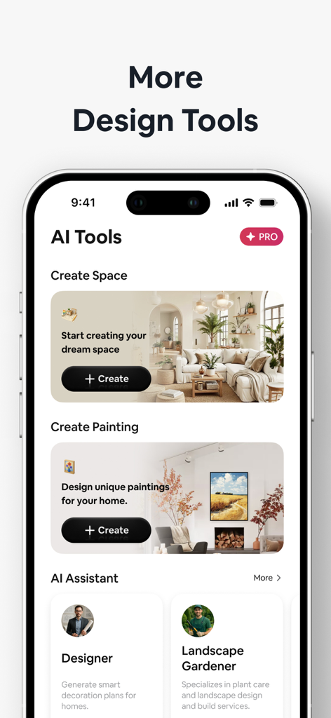 A mobile app interface displaying AI design tools for creating custom living spaces, unique wall paintings, and consulting with virtual interior and landscape designers.