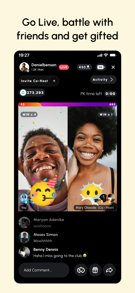 Creatlie - Creatlie app live stream interface featuring a split-screen video battle between two creators with interactive chat and gifting icons.