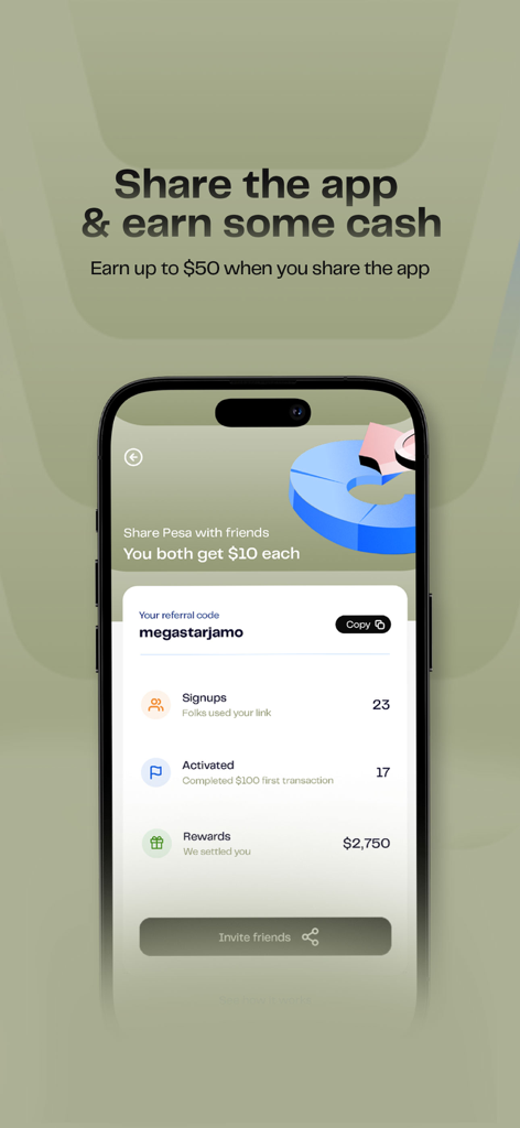 Pesa (Formerly Pesapeer) - Uma captura de tela da página de referência do aplicativo Pesa mostrando opções de compartilhamento e recompensas em dinheiro por convidar amigos