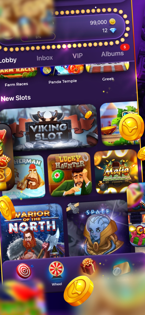 Portrait Slots™ : Vegas Casino - Lobby principal de Portrait Slots Vegas Casino montrant une variété de machines à sous thématiques et de récompenses pour les joueurs