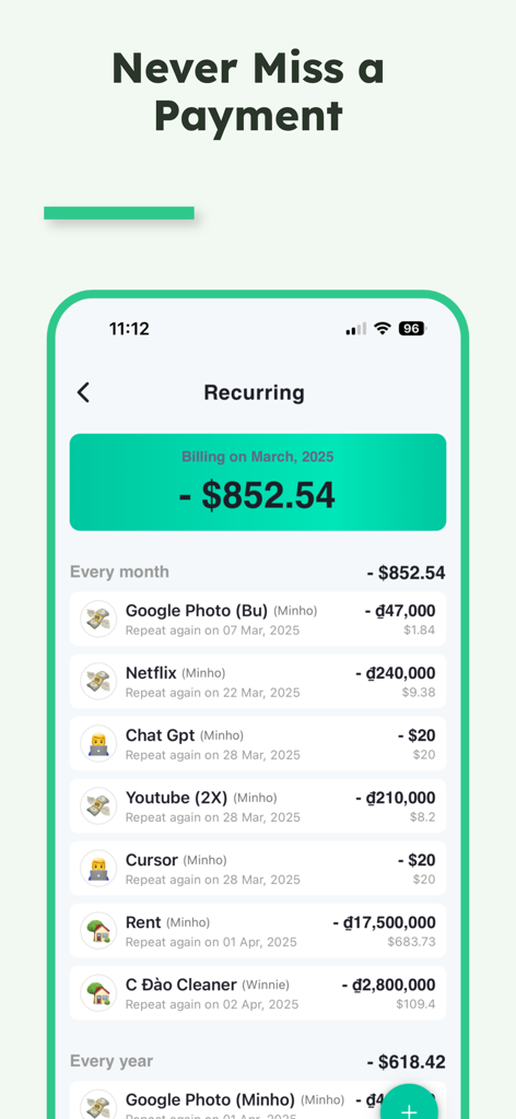 Interfaccia dell'app NomadWallet che mostra i pagamenti mensili ricorrenti e gli abbonamenti multivaluta.