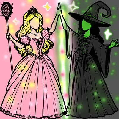 detailed realistic split of a princess and a witch