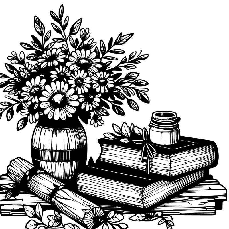 rustic books and flowers realistic