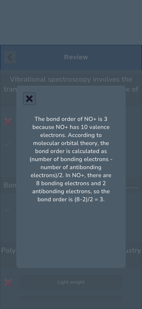 Chemistry Knowledge Quiz - Uma tela de revisão no aplicativo Quiz de Conhecimentos de Química mostrando uma explicação detalhada para uma questão de ordem de ligação.