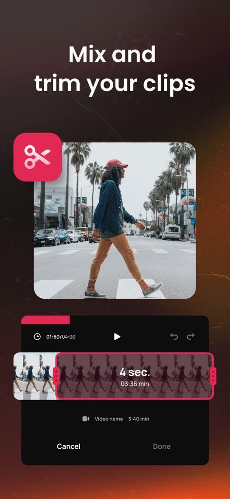 Combine Videos Editor - Interface of the Combine Videos Editor app showing how to mix and trim video clips