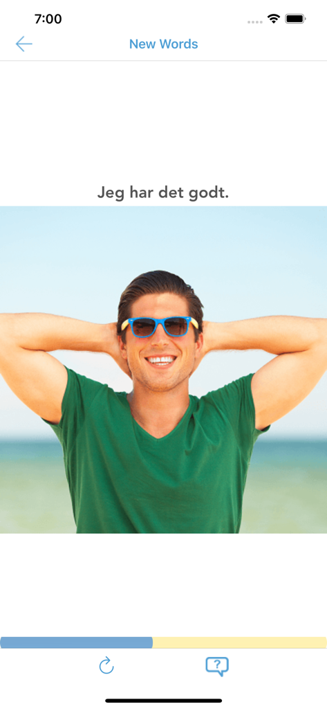Danish language learning app displaying a lesson screen with a phrase and an image of a smiling man