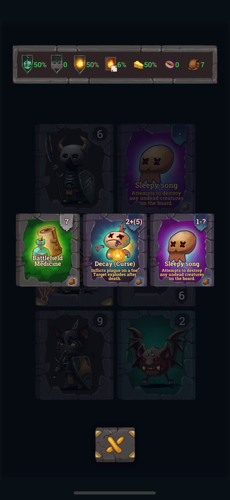 Gameplay-Ansicht des kartenbasierten Dungeon-Crawlers Look Your Loot mit Fähigkeits- und Fluchkarten.