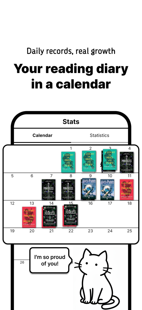 Cat's Library - Vista calendario del diario di lettura che mostra i progressi del monitoraggio dei libri con una mascotte felina carina