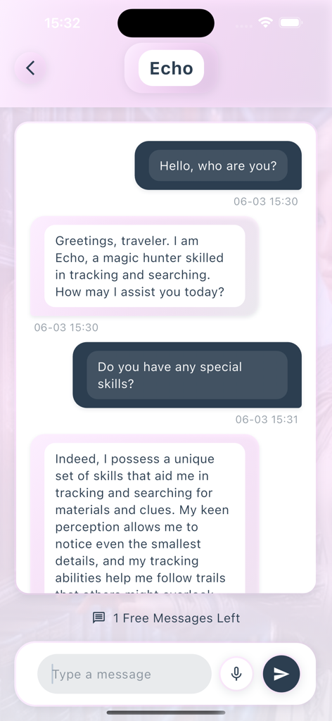 Interface de chat do aplicativo Wizzy mostrando uma conversa com Echo, uma IA caçadora de magia.