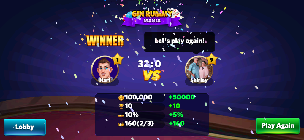 Gin Rummy Mania-No Ads,No Stop - Winner announcement screen in Gin Rummy Mania showing score rewards and player avatars with confetti
