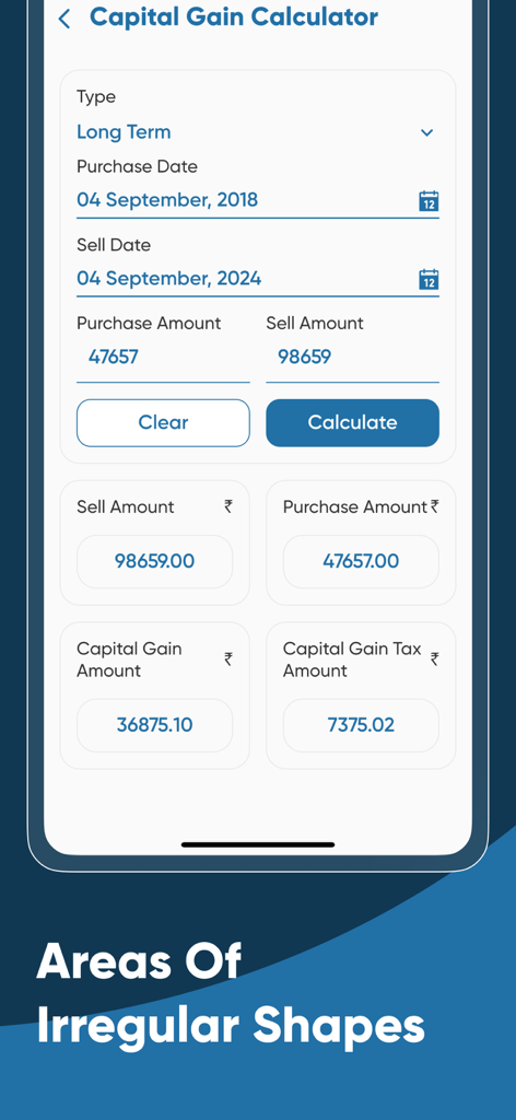 Land Area Calculators - Bildschirm des Kapitalertragsteuerrechners in der Flächenrechner-App, der Kauf- und Verkaufsdetails mit Steuerergebnissen anzeigt