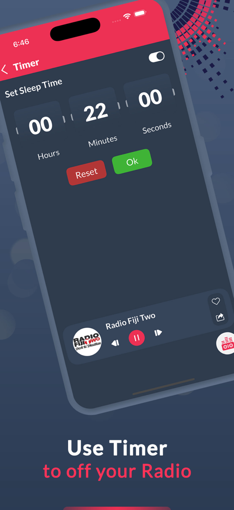 Fiji Radio Stations - FM AM - Sleep timer interface of the Fiji Radio app showing how to set hours and minutes for automatic playback stop.