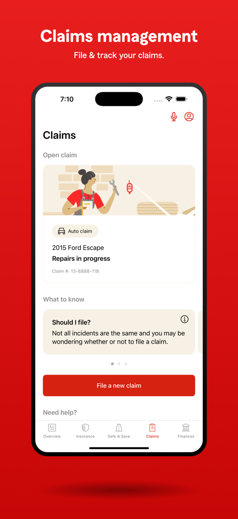 State Farm mobile app interface for tracking insurance claims and filing new ones.