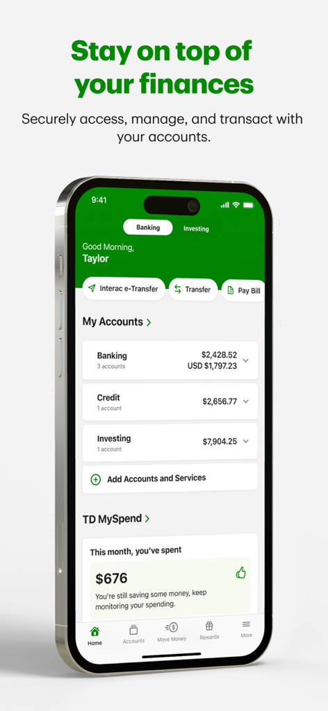 TD Canada Mobile App Startbildschirm mit Guthaben von Bank- und Anlagekonten